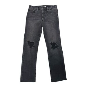 GOOD AMERICAN Black Distressed Denim Jeans Legs‎ Straight High Waist 10 Raw Hem